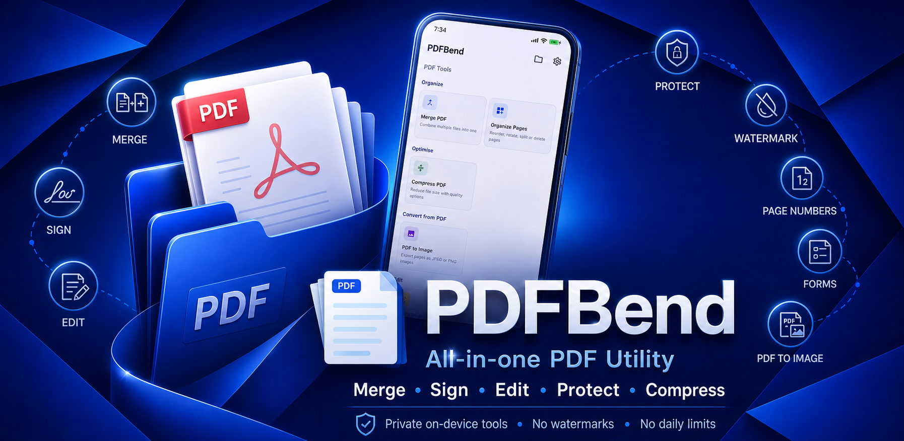 PDFBend all-in-one PDF utility feature graphic showing merge, sign, edit, protect, compress, watermark, forms, page numbers, and PDF to image tools.